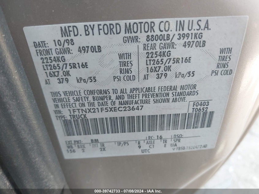 1999 Ford F-250 Lariat/Xl/Xlt VIN: 1FTNX21F5XEC23647 Lot: 39742733