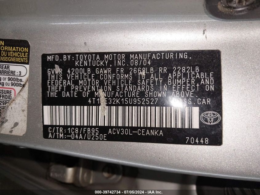 2005 Toyota Camry Le VIN: 4T1BE32K15U952527 Lot: 39742734