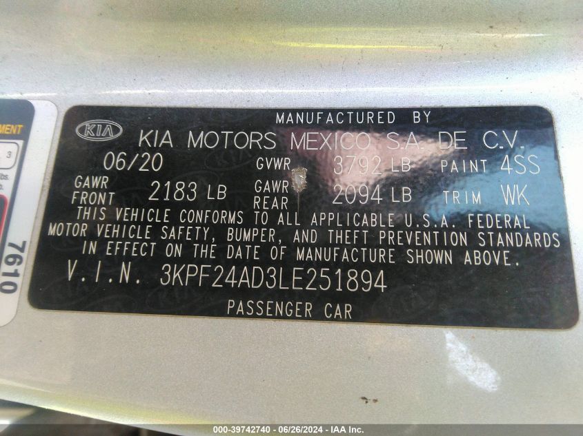 2020 Kia Forte Fe/Lxs VIN: 3KPF24AD3LE251894 Lot: 39742740