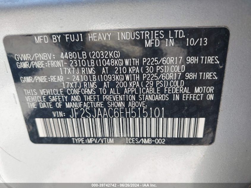 2014 Subaru Forester 2.5I VIN: JF2SJAAC6EH515101 Lot: 39742742