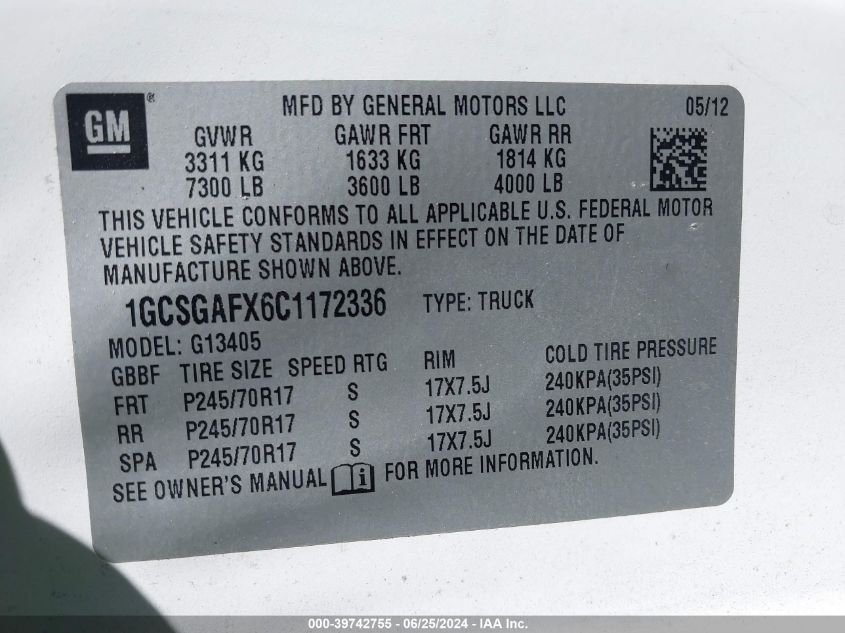 2012 Chevrolet Express 1500 Work Van VIN: 1GCSGAFX6C1172336 Lot: 39742755