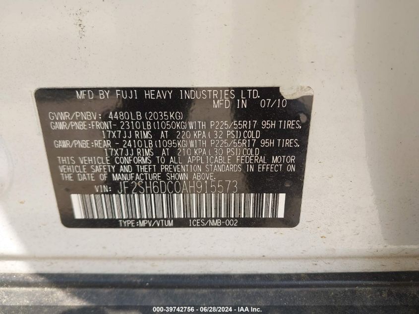 2010 Subaru Forester 2.5X Limited VIN: JF2SH6DC0AH915573 Lot: 39742756