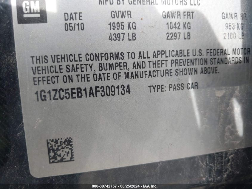 2010 Chevrolet Malibu Lt VIN: 1G1ZC5EB1AF309134 Lot: 39742757