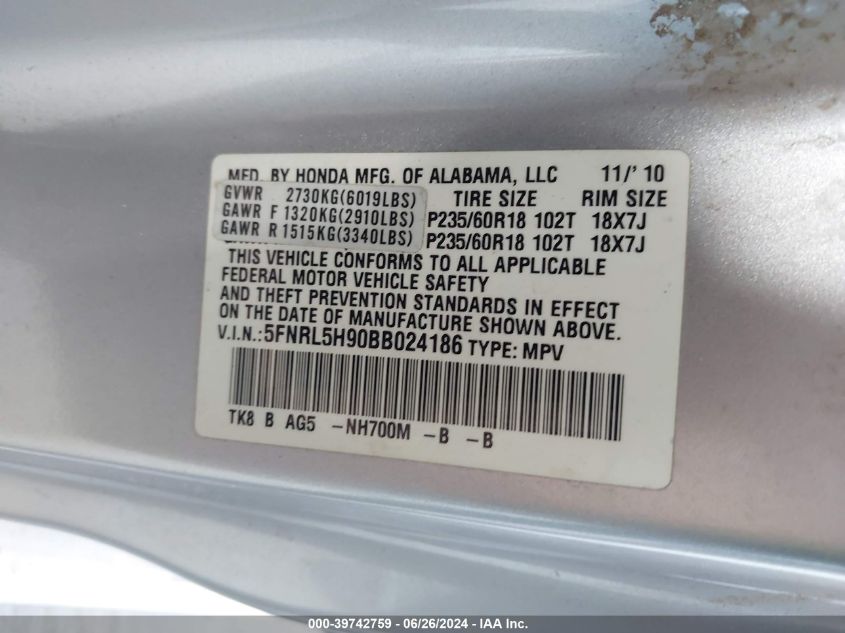 2011 Honda Odyssey Touring/Touring Elite VIN: 5FNRL5H90BB024186 Lot: 39742759