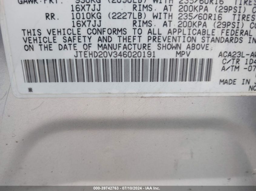 2004 Toyota Rav4 VIN: JTEHD20V346020191 Lot: 39742763