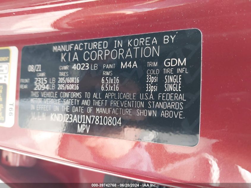 2022 Kia Soul Lx VIN: KNDJ23AU1N7810804 Lot: 39742768