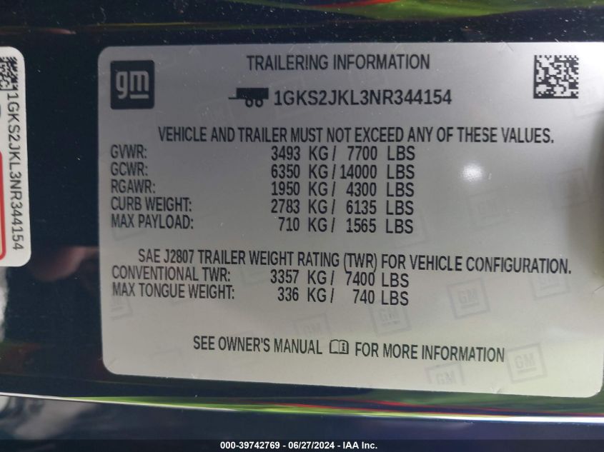 2022 GMC Yukon Xl Denali VIN: 1GKS2JKL3NR344154 Lot: 39742769