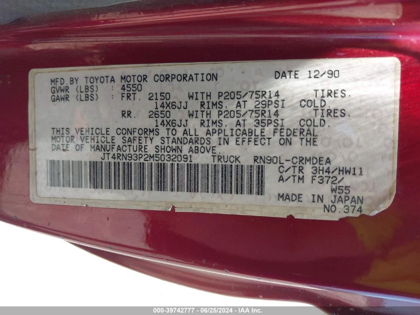 1991 Toyota Pickup 1/2 Ton Ex Lng Whlbse Dlx VIN: JT4RN93P2M5032091 Lot: 39742777