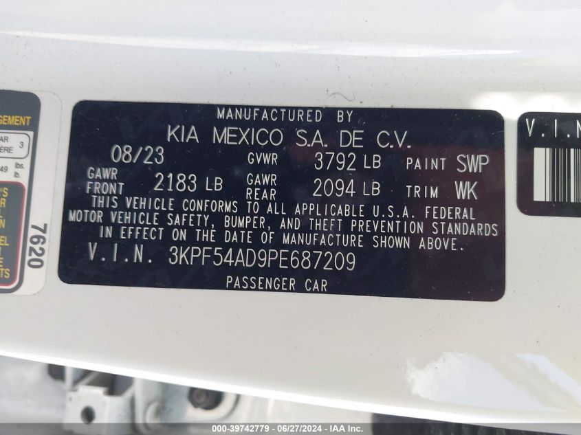 2023 Kia Forte Gt-Line VIN: 3KPF54AD9PE687209 Lot: 39742779