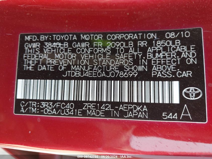 2010 Toyota Corolla Le VIN: JTDBU4EE0AJ078699 Lot: 39742785