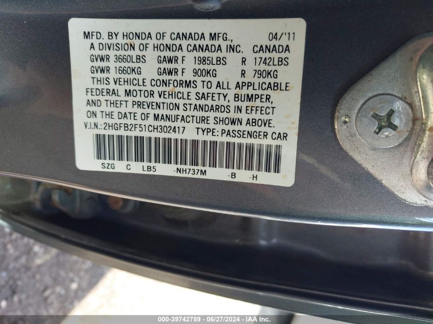 2HGFB2F51C8302417 | 2012 HONDA CIVIC