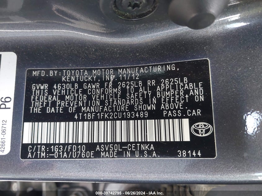 2012 Toyota Camry Le VIN: 4T1BF1FK2CU193489 Lot: 39742795