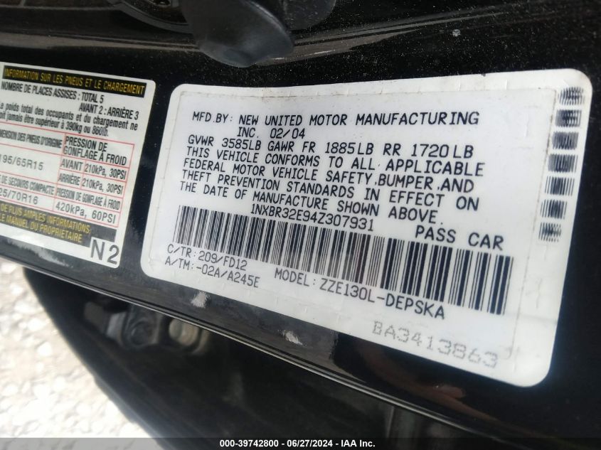 2004 Toyota Corolla S VIN: 1NXBR32E94Z307931 Lot: 39742800