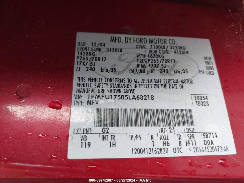 2005 Ford Expedition Eddie Bauer/King Ranch VIN: 1FMFU17505LA63218 Lot: 39742807