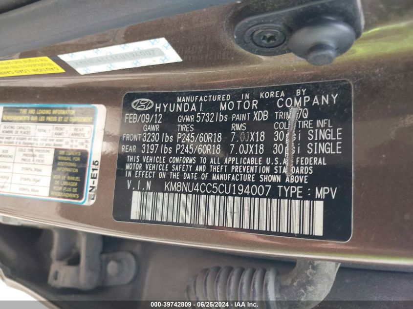 2012 Hyundai Veracruz Limited VIN: KM8NU4CC5CU194007 Lot: 39742809