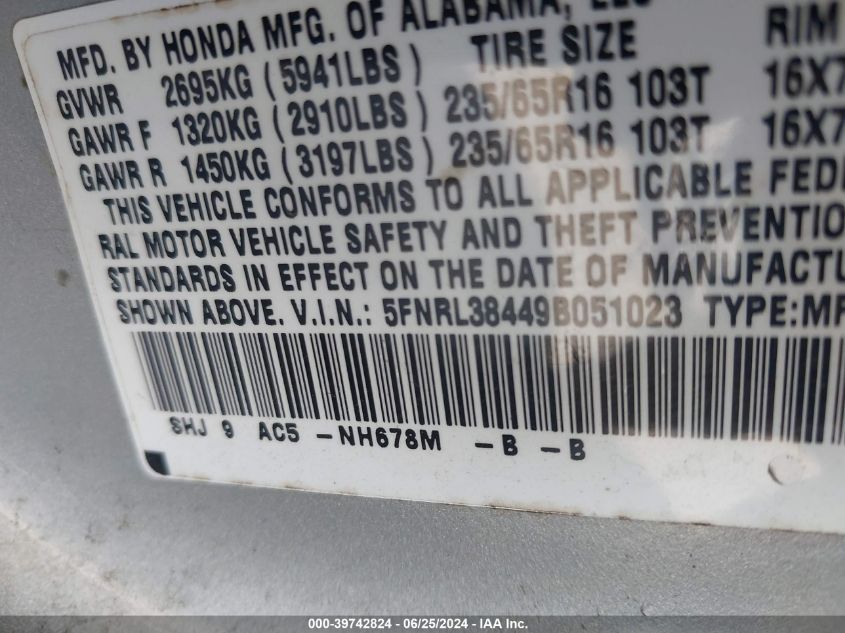 2009 Honda Odyssey Ex VIN: 5FNRL38449B051023 Lot: 39742824