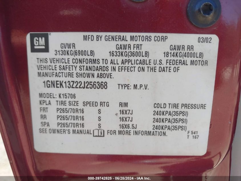 2002 Chevrolet Tahoe Lt VIN: 1GNEK13Z22J256368 Lot: 39742825