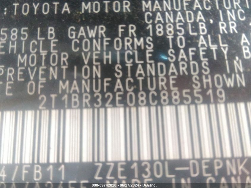 2008 Toyota Corolla Le VIN: 2T1BR32E08C885519 Lot: 39742828