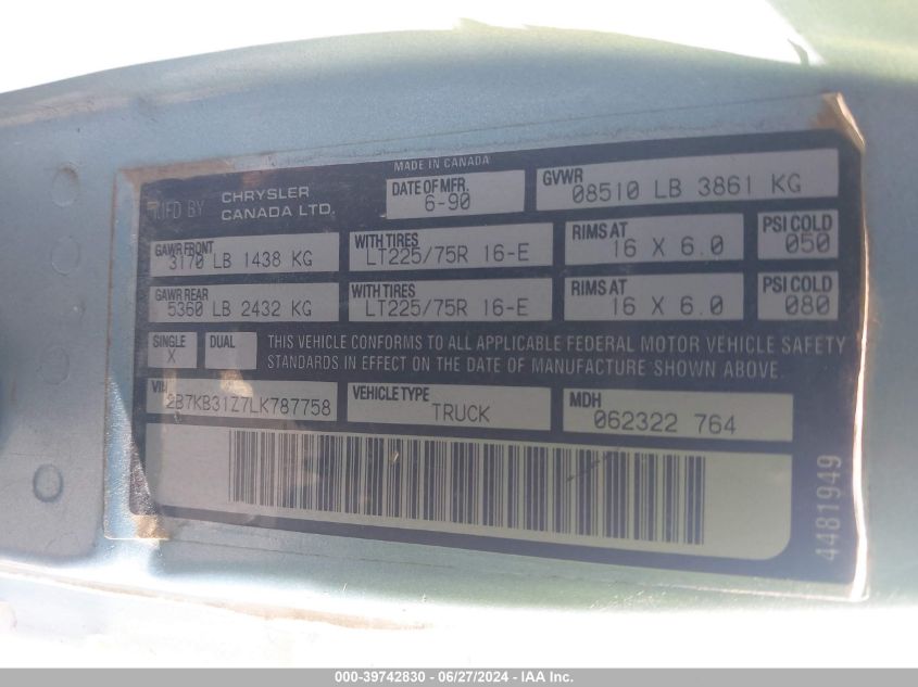 1990 Dodge Ram Van B350 VIN: 2B7KB31Z7LK787758 Lot: 39742830