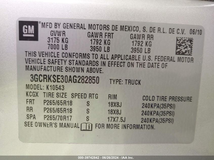 2010 Chevrolet Silverado 1500 Lt VIN: 3GCRKSE30AG282850 Lot: 39742842