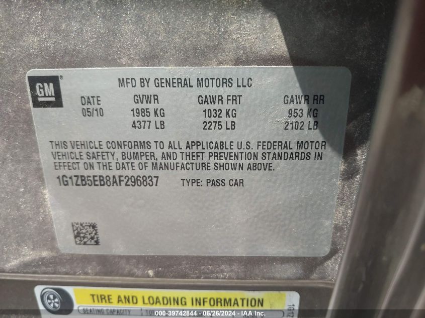 2010 Chevrolet Malibu Ls VIN: 1G1ZB5EB8AF296837 Lot: 39742844