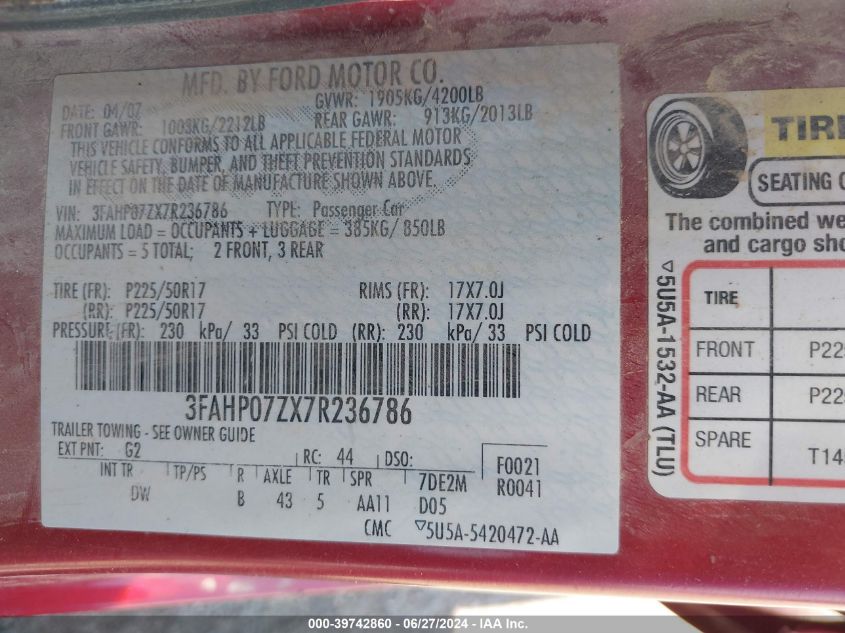 2007 Ford Fusion Se VIN: 3FAHP07ZX7R236786 Lot: 39742860