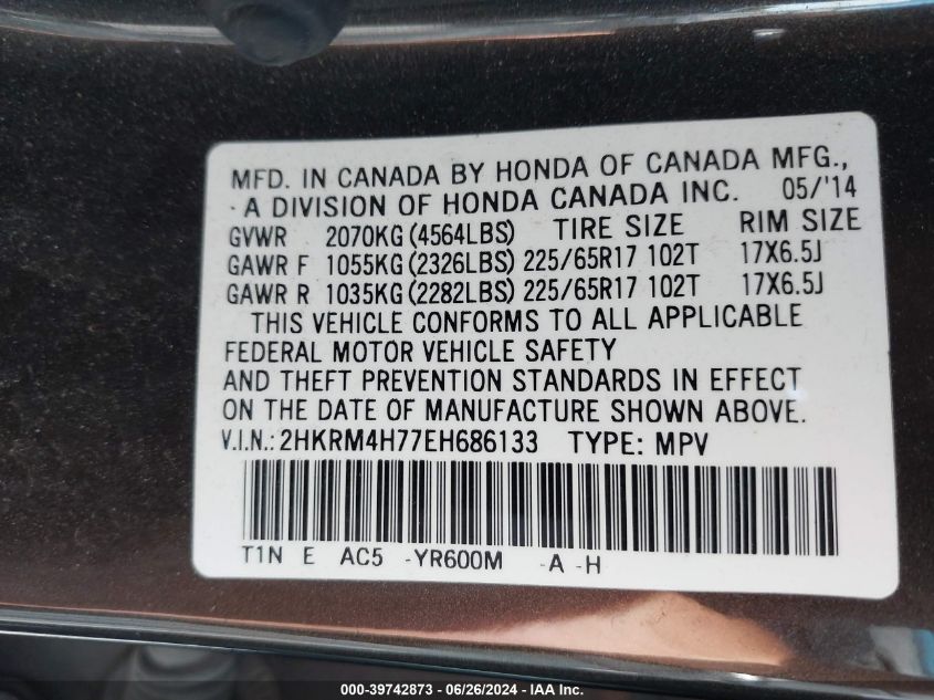 2014 Honda Cr-V Ex-L VIN: 2HKRM4H77EH686133 Lot: 39742873