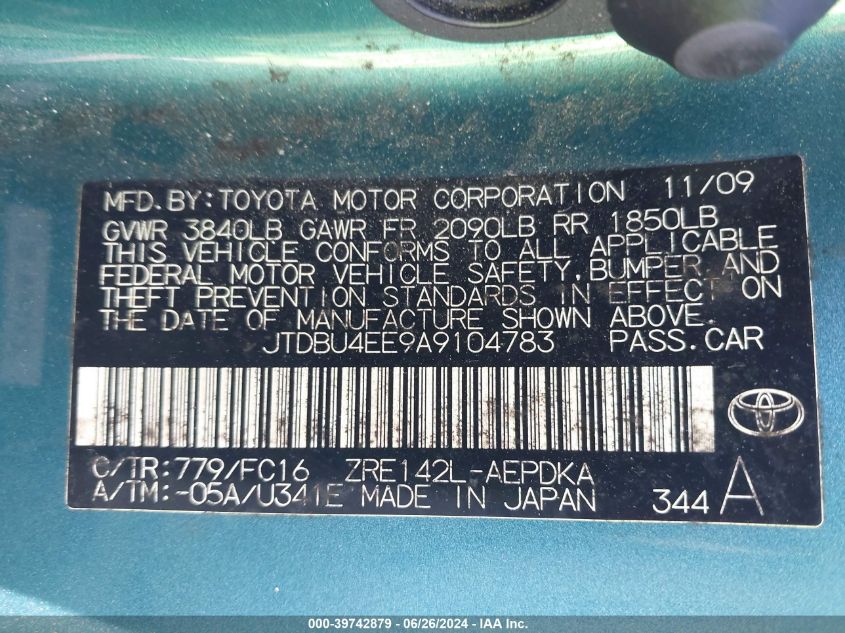 2010 Toyota Corolla Le VIN: JTDBU4EE9A9104783 Lot: 39742879