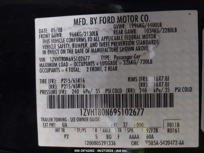 2009 Ford Mustang V6/V6 Premium VIN: 1ZVHT80N695102677 Lot: 39742882