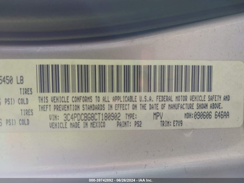 2012 Dodge Journey Sxt VIN: 3C4PDCBG8CT180902 Lot: 39742892