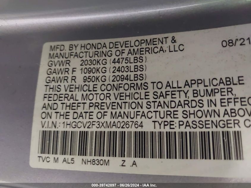2021 Honda Accord Sport VIN: 1HGCV2F3XMA026764 Lot: 39742897
