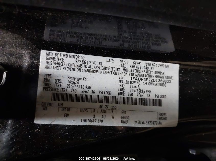 2013 FORD FOCUS SE - 1FADP3F22DL369833