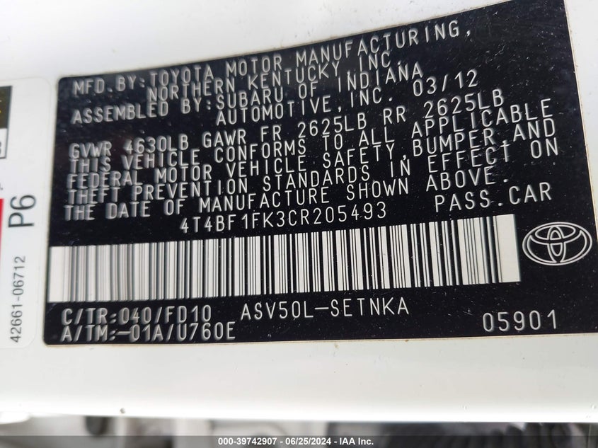 2012 Toyota Camry Le VIN: 4T4BF1FK3CR205493 Lot: 39742907