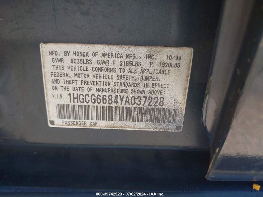 2000 Honda Accord 2.3 Ex VIN: 1HGCG6684YA037228 Lot: 39742929