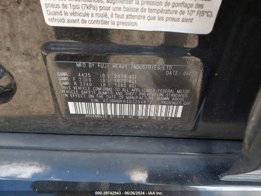 2011 Subaru Legacy 2.5I Limited VIN: 4S3BMBK64B3254872 Lot: 39742943