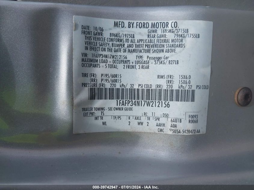 2007 Ford Focus S/Se/Ses VIN: 1FAFP34N17W212156 Lot: 39742947