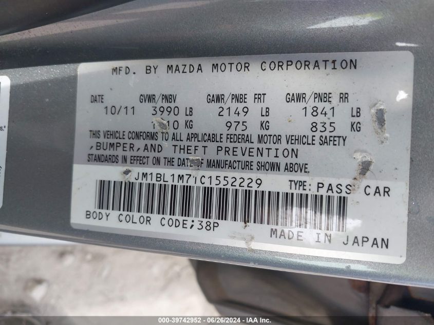 2012 Mazda 3 I VIN: JM1BL1M71C1552229 Lot: 39742952