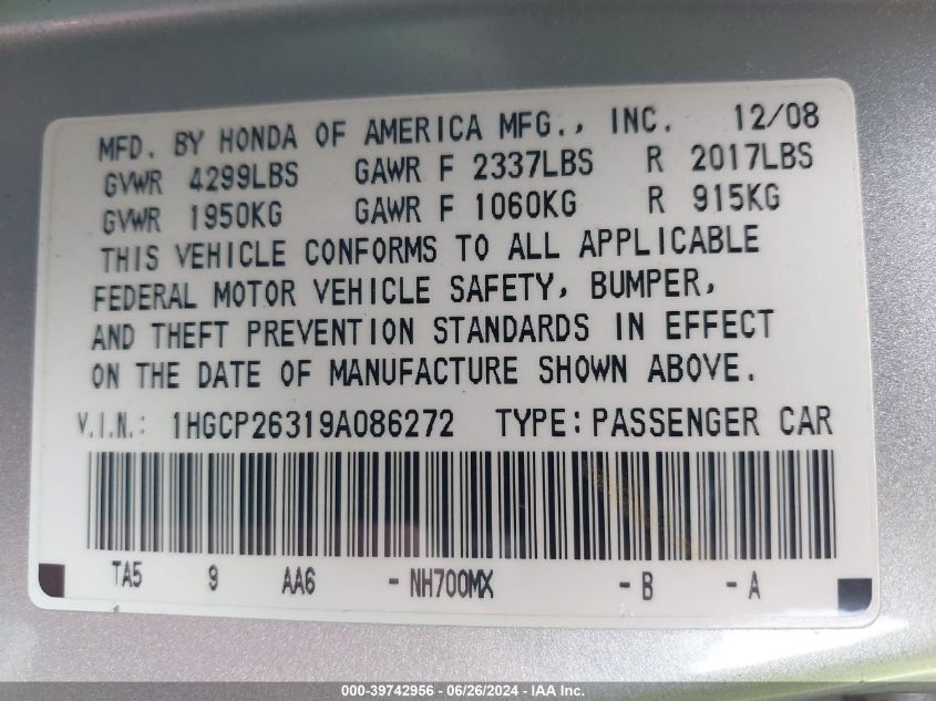 2009 Honda Accord 2.4 Lx VIN: 1HGCP26319A086272 Lot: 39742956