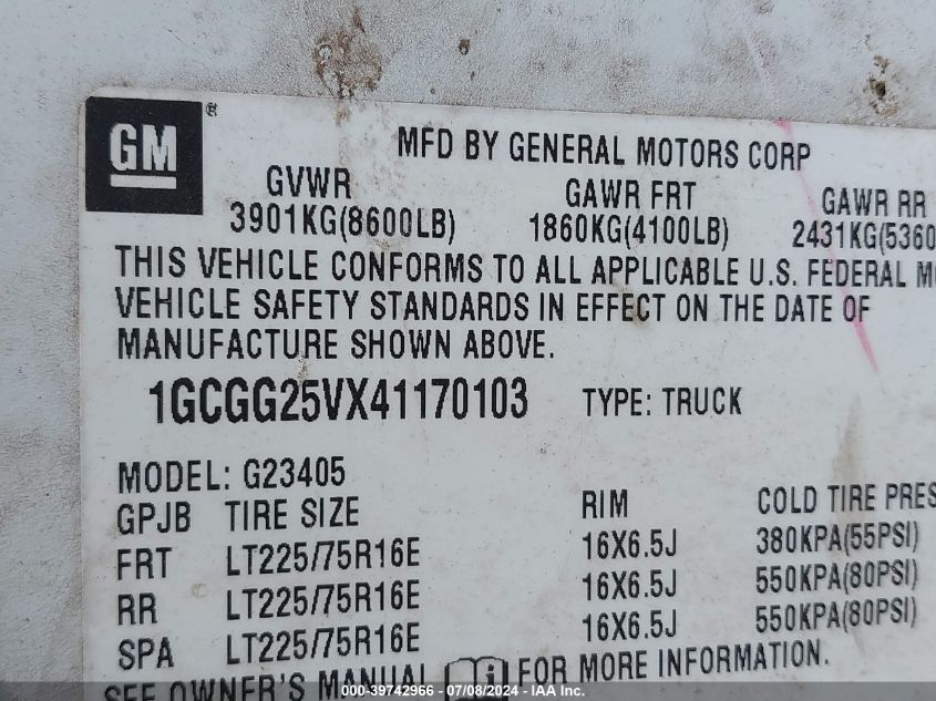 2004 Chevrolet Express VIN: 1GCGG25VX41170103 Lot: 39742966