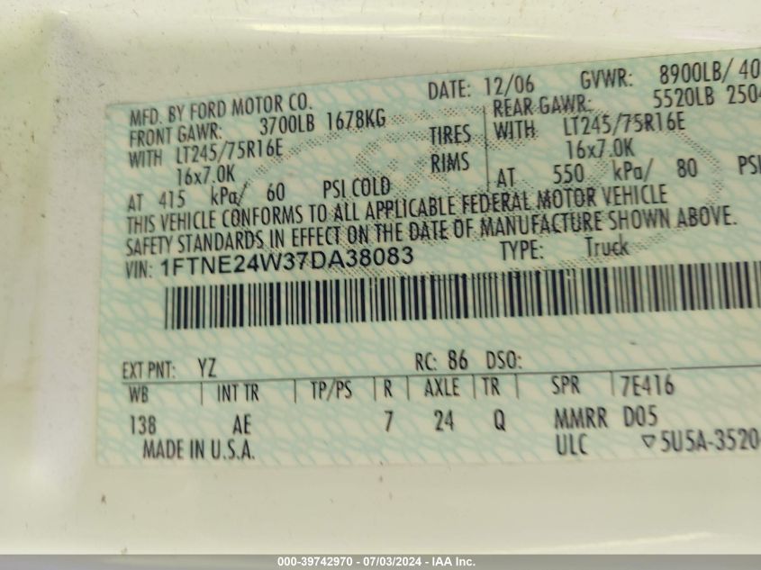 2007 Ford E-250 Commercial/Recreational VIN: 1FTNE24W37DA38083 Lot: 39742970