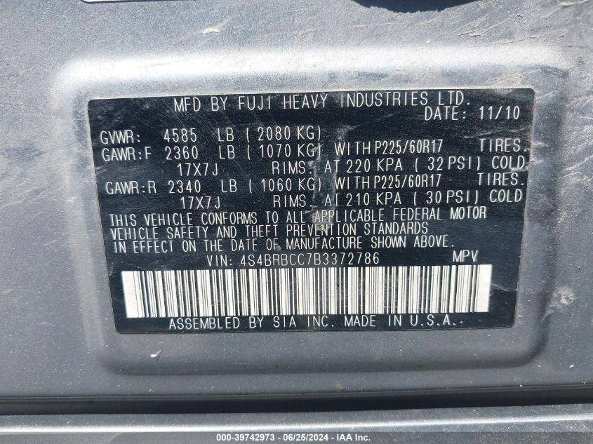 2011 Subaru Outback 2.5I Premium VIN: 4S4BRBCC7B3372786 Lot: 39742973