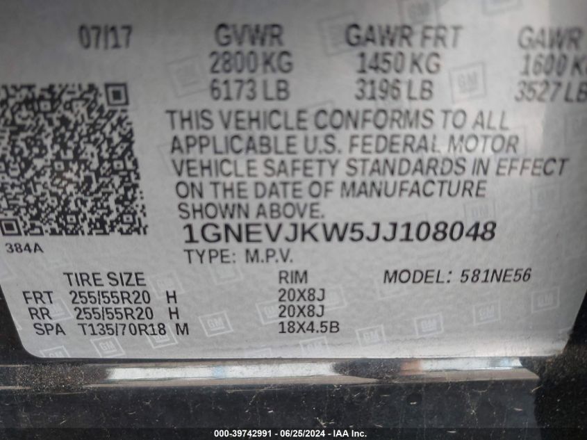 2018 Chevrolet Traverse Premier VIN: 1GNEVJKW5JJ108048 Lot: 39742991