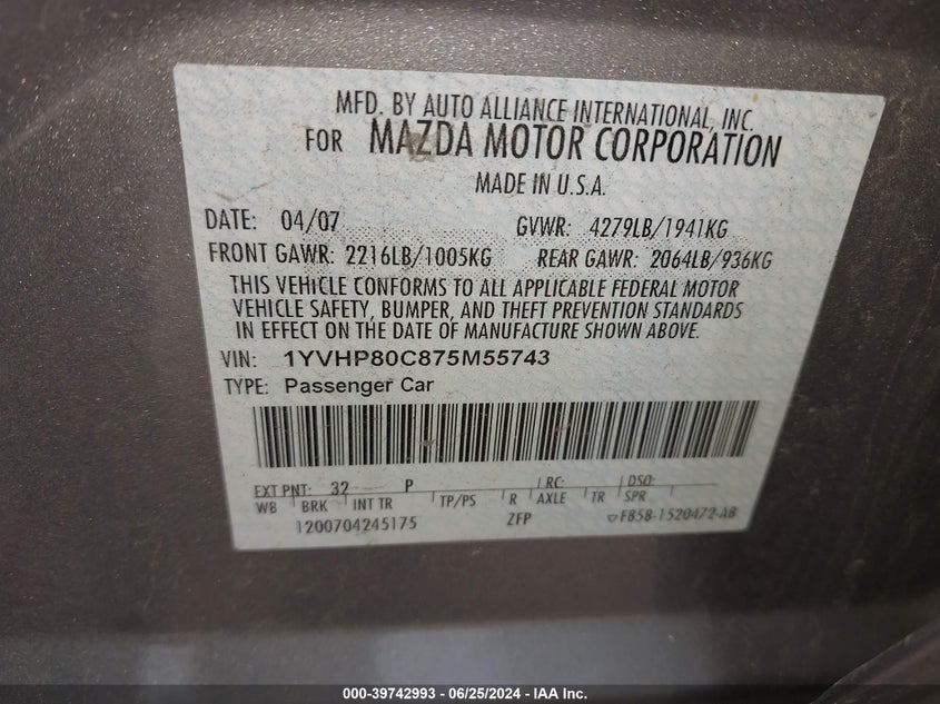 2007 Mazda Mazda6 I Sport Ve VIN: 1YVHP80C875M55743 Lot: 39742993