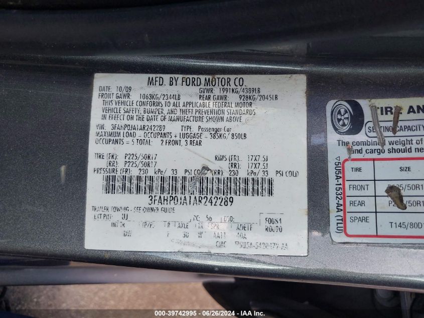 2010 Ford Fusion Sel VIN: 3FAHP0JA1AR242289 Lot: 39742995