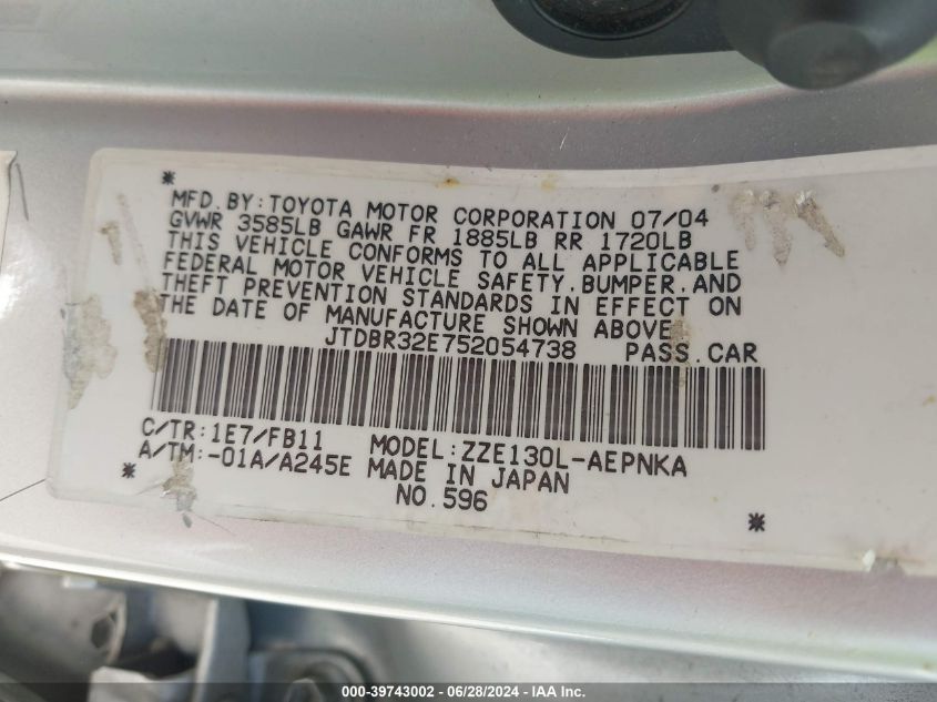 2005 Toyota Corolla Le VIN: JTDBR32E752054738 Lot: 39743002