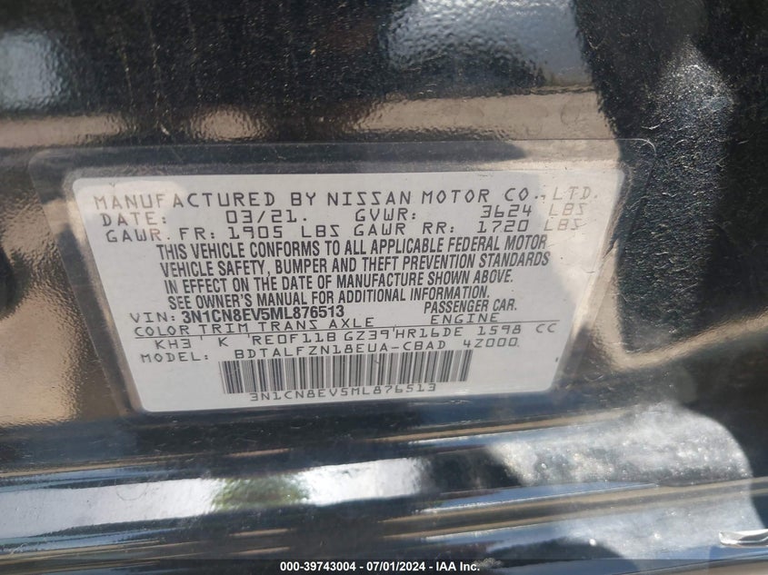 2021 Nissan Versa Sv Xtronic Cvt VIN: 3N1CN8EV5ML876513 Lot: 39743004