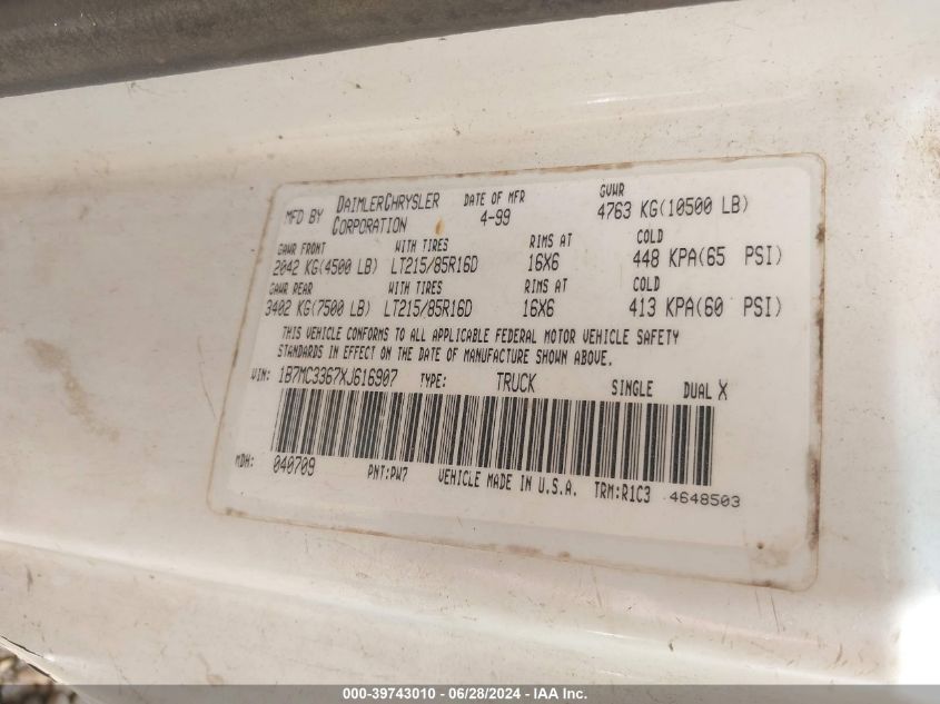 1999 Dodge Ram 3500 St VIN: 1B7MC3367XJ616907 Lot: 39743010