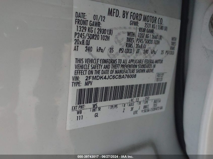 2012 Ford Edge Sel VIN: 2FMDK4JC6CBA76008 Lot: 39743017