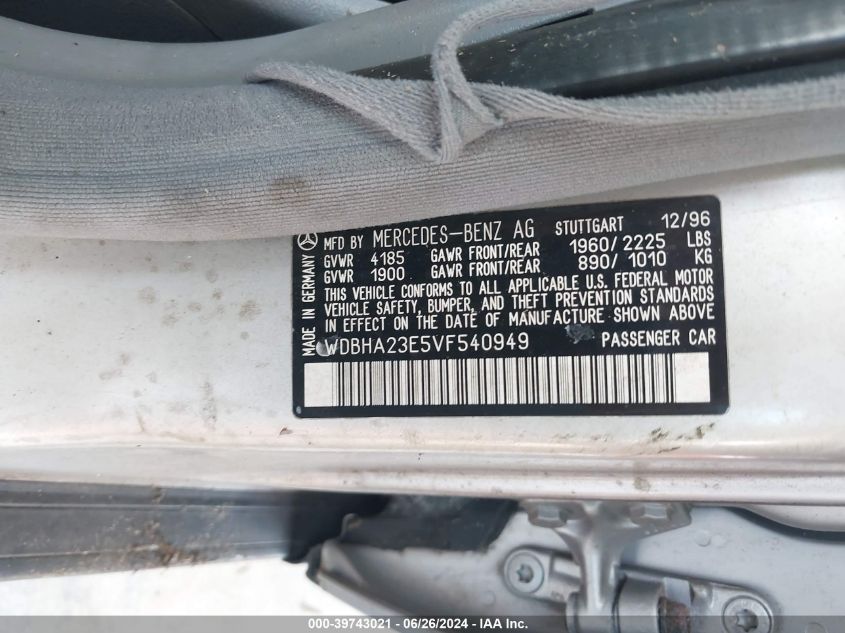 1997 Mercedes-Benz C 230 VIN: WDBHA23E5VF540949 Lot: 39743021
