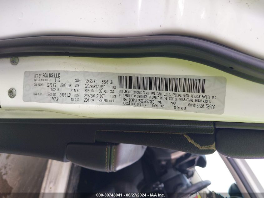 2016 Jeep Cherokee Latitude VIN: 1C4PJLCS6GW257469 Lot: 39743041